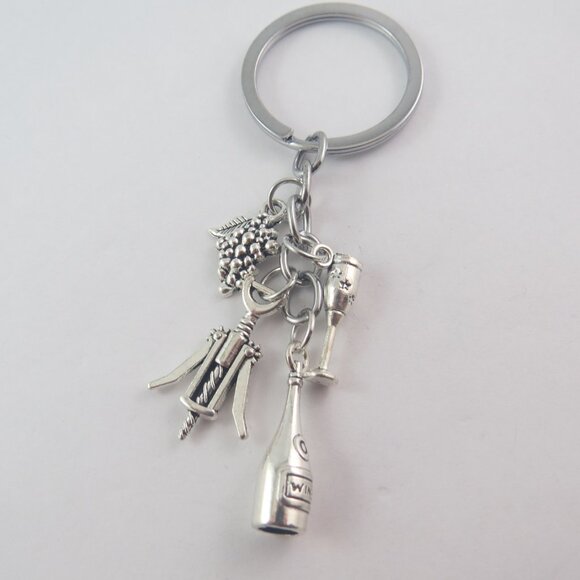 Wine Lover Keychain Wine Bottle Glass Charm Grape Key Ring Vineyard Accessory - Picture 2 of 4